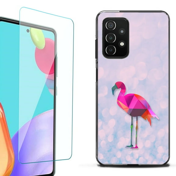 Slim-Fit Flexible TPU Gel Phone Case (black) for Samsung Galaxy A52 5G, with Tempered Glass Screen Protector, by OneToughShield ® - Flamingo / Polygon