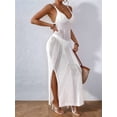 thumbnail image 2 of Womens Crochet Knit Sheer Summer Backless V Neck Side Slit Bathing Suit Cover Up Midi Dress White One Size, 2 of 7