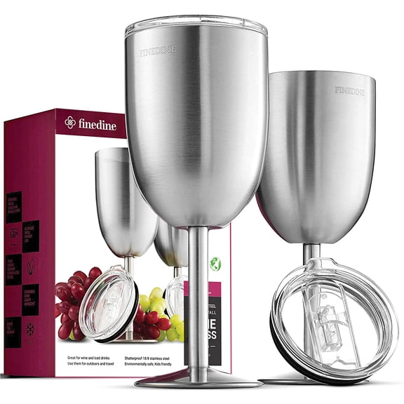 FineDine Premium Grade 18/8 Stainless-Steel Wine Glasses [set of 2] 12 Oz. Double-Walled Insulated Unbreakable Goblets Stemmed Wine Glass BPA-Free Leak-Resistant Lid for Red White Wine, Brushed Metal