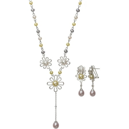 4-6mm Multi-Colored Cultured Freshwater Pearl Sterling Silver Floral Necklace and Earring Set, 18