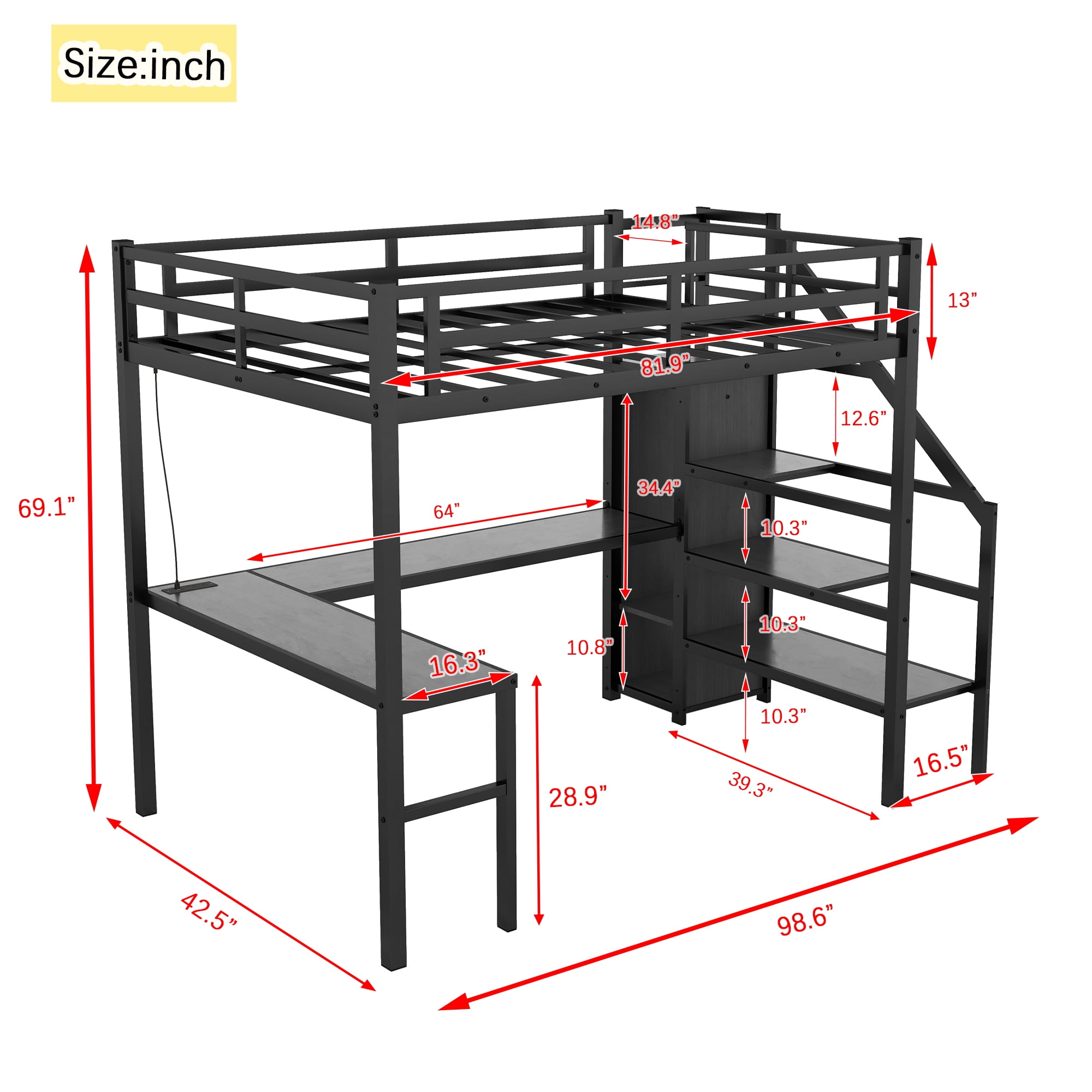 Aukfa Twin XL Loft Bed with L-Shaped Gaming Desk, Wardrobe, USB Ports & RGB Lights, Metal Loft Bed for Kids, Teens & Adults, Black