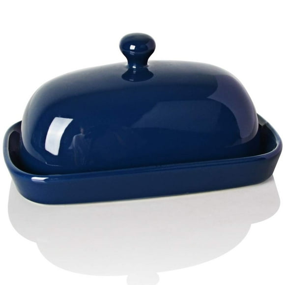 Sweejar Plat à Beurre en Céramique avec Couvercle, Récipient à Beurre, Côte Est/Ouest, 7 Pouces (Marine)
