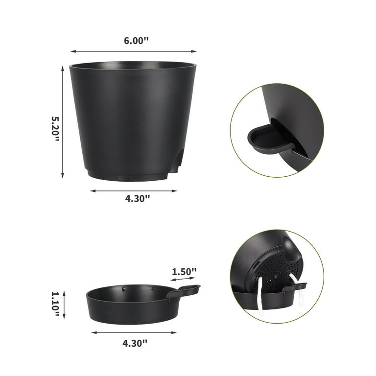 D'vine Dev 4 Pack 6 Inch Modern Plastic Plant Pots, Small Garden Planters  for Plant with Drainage Holes and Saucers, Black Color, 74-Z-S6F-2