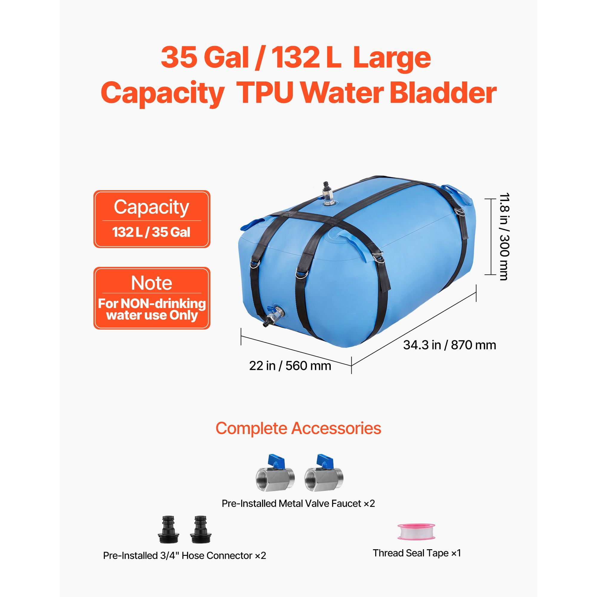 Water Storage Bladder, 35 Gallon Large Capacity TPU Soft Water Bag, Portable & Collapsible Water Storage Containers, Leakproof & Wear-Resistant RV Waters Tank for Camping Irrigation Outdoor