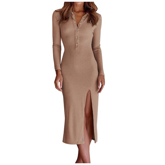 Lilgiuy Women's Solid Color Knitted Long Sleeve Split Fork Hip Lapel Dress Coffee Fall Dresses for 2022 Spring Winter