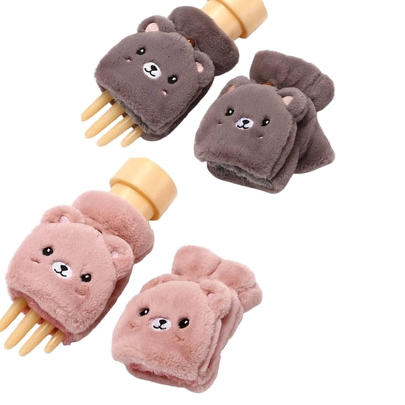 TELOLY 2026 New 2Pairs Gloves Cute Cartoon Bear Winter Gloves Playful Design Long Lasting Comfort Warm Gloves for Outdoor Skiing Cycling Grey and Khaki
