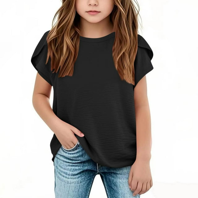 WERYOUNG T-Shirts Filles Garçons Été Décontracté Couleur Unie Col Rond Manches Pétales T-Shirts Haut Filles Mignon Tee, Noir, 12-13 Ans