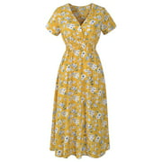U.Vomade Women's Casual Stretch Waist Boho Dress Beach Summer Dress Floral Print Vintage Chiffon Dress