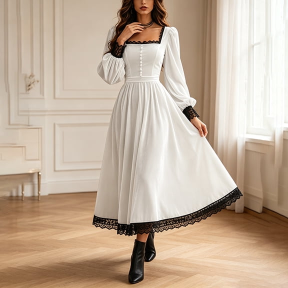Morttic Women's Velvet Square Neck Puff Long Sleeve Lace Trim A-Line Midi Dress Fall Winter Wedding Guest & Holiday Outfit White,S