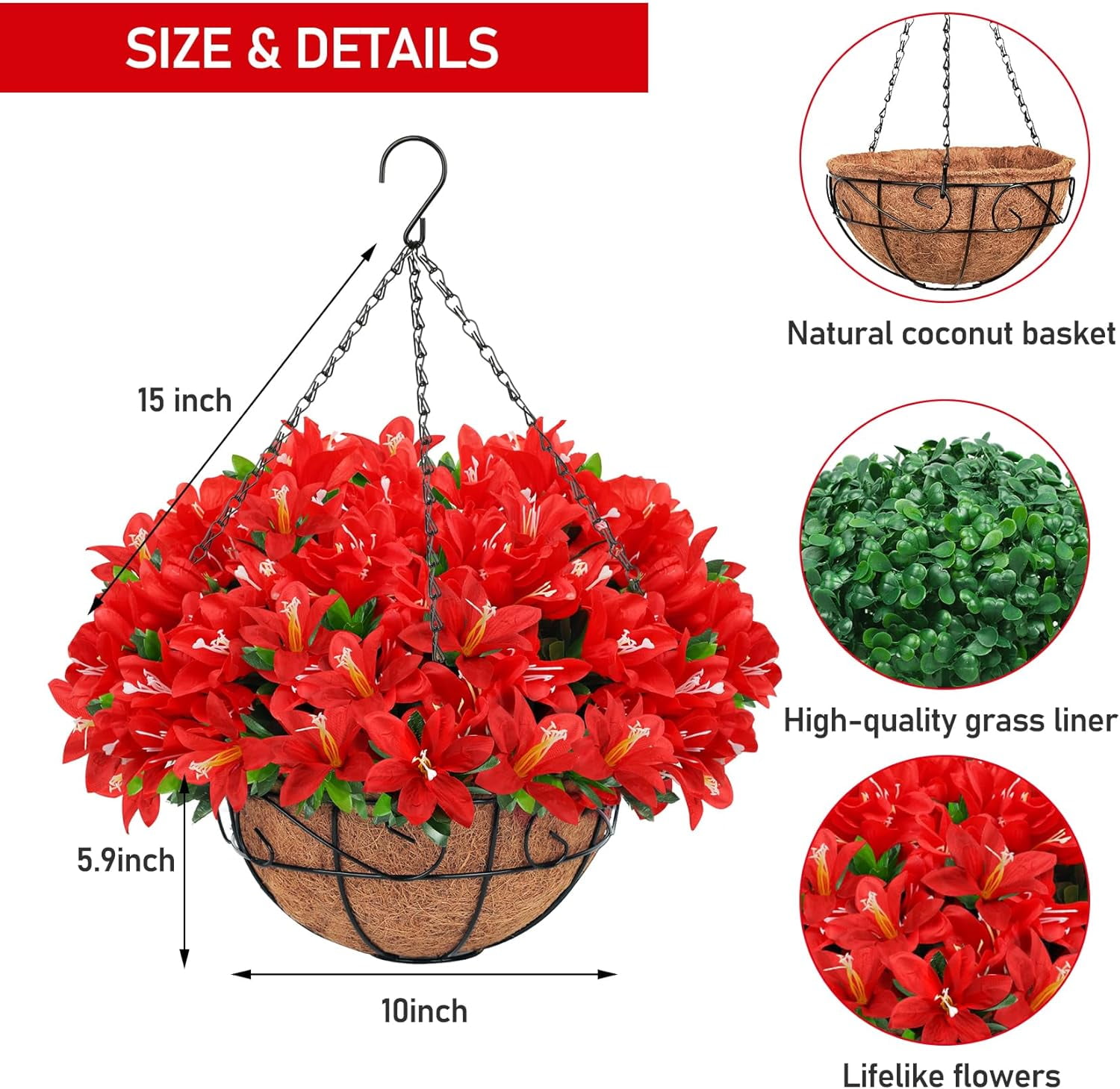 Artificial Hanging Flowers Basket, Fake Plants, Faux Silk Daisy Eucalyptus, for Spring Summer Outdoor Decoration, UV Resistant, Coconut Planter, Look Real for Patio Garden Yard Decor (Rosered+Pink)