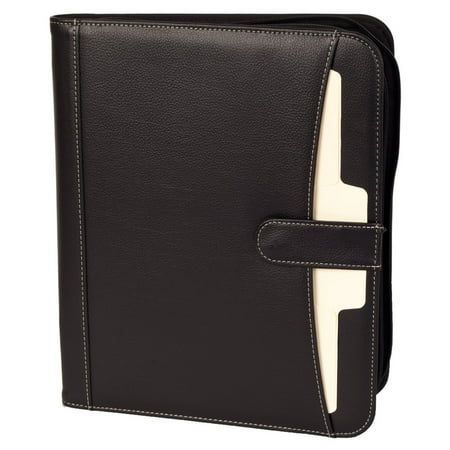 Zippered Leather Portfolio - eFolio Business Portfolio Padfolio Professional Genuine Pebble Leather Zippered Organizer with Tablet Holder, A4 Letter Size Writing Pad, Calculator, Card Holder, Document Folder and Outside Pocket