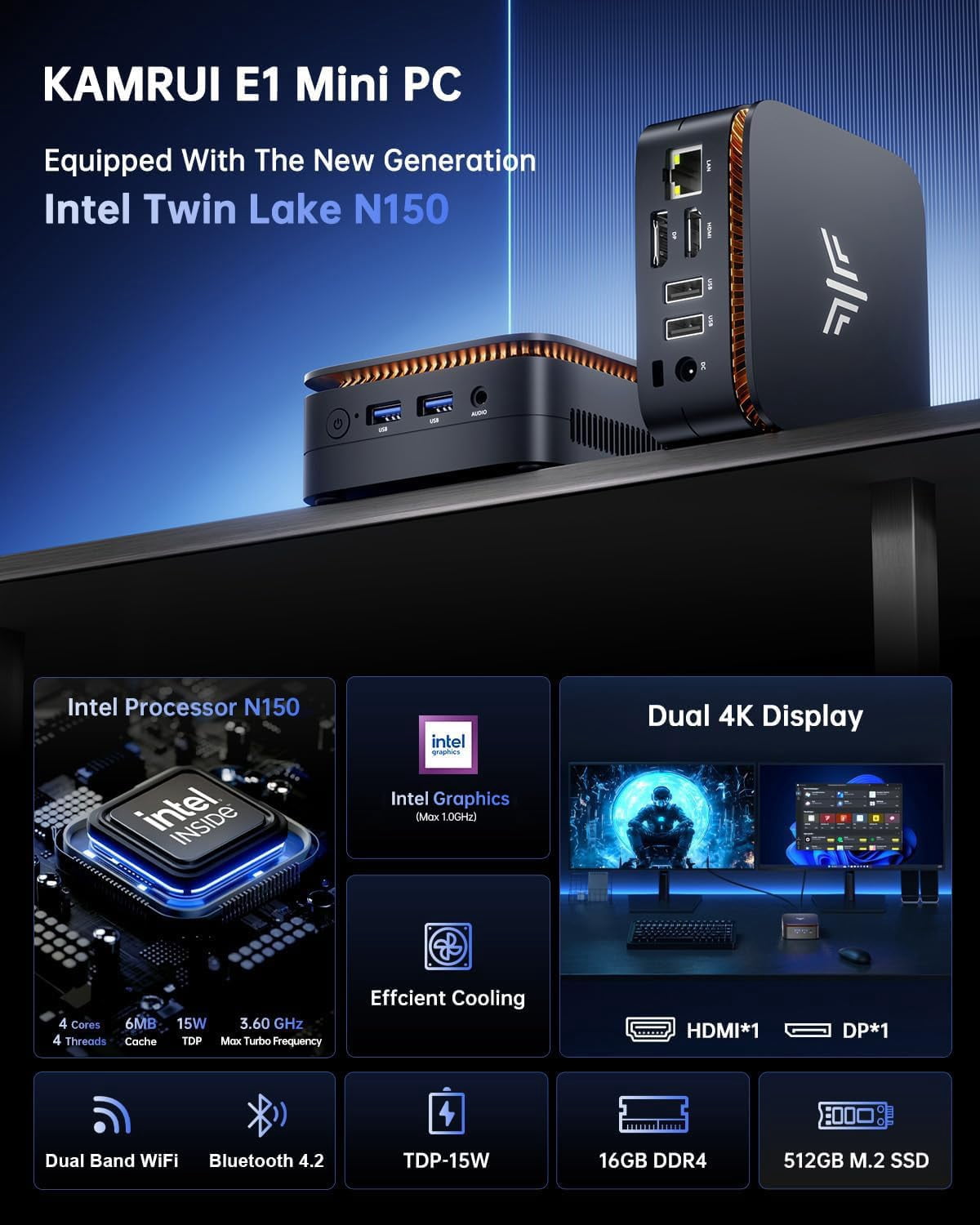 KAMRUI Mini PC, 16GB DDR4 RAM 512GB M.2 SSD, Mini Computer Intel