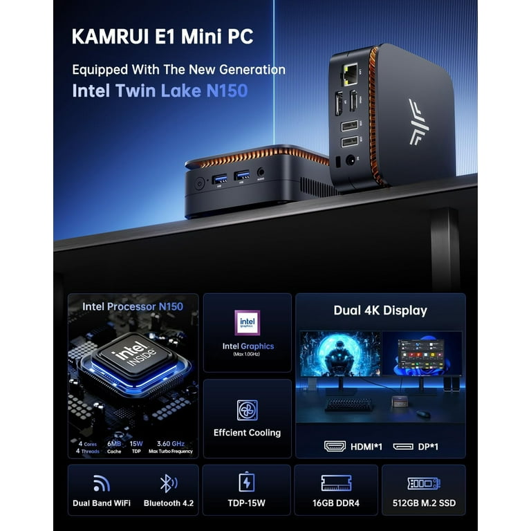 KAMRUI Mini PC, 16GB DDR4 RAM 512GB M.2 SSD, Mini Computer Intel