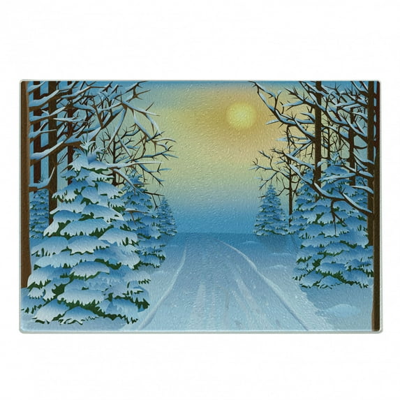 Winter Cutting Board, Forest View Graphic Display Print with Snowy Path Between Trees and Sun on Sky, Decorative Tempered Glass Cutting and Serving Board, Small Size, Blue Yellow, by Ambesonne