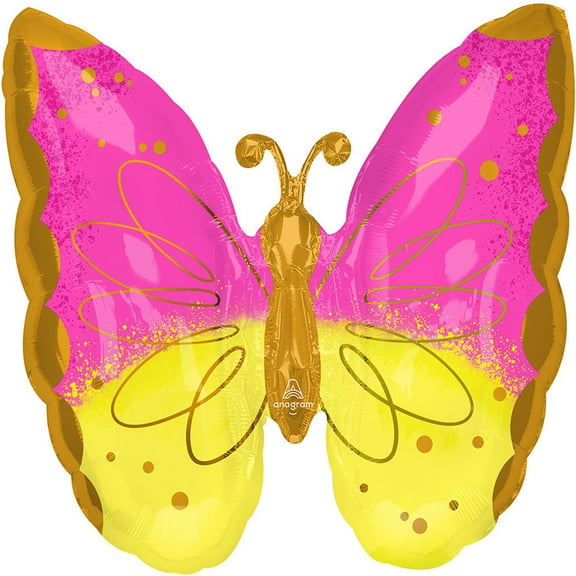 25 inch Pink & Yellow Butterfly Anagram Foil Mylar Balloon - Party Supplies Decorations