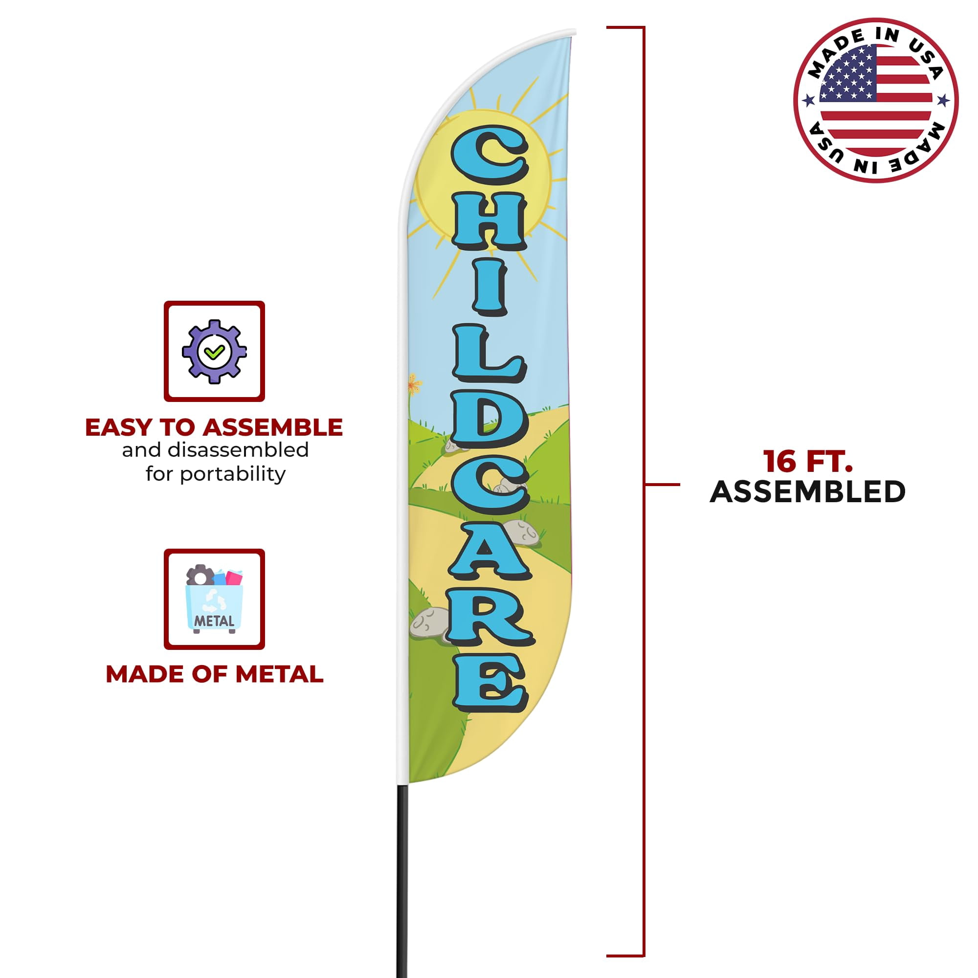 Child Care Sign feather flag Pole Mount for Outdoor by Mavis Print | 15 FEET Long Outdoor Banner Flag Mount for Easy Hang | HD Print Swooper Flag Stand forChild Care Advertising | Made in USA