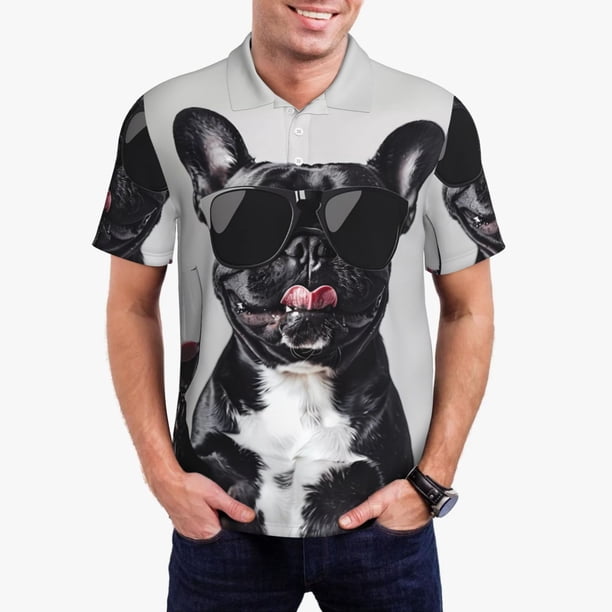 Fotbe Cool French Bulldog Wine Camiseta Polo de Golf para Hombre con Estampado – Camisa Deportiva Transpirable con Cuello Abotonado-Small