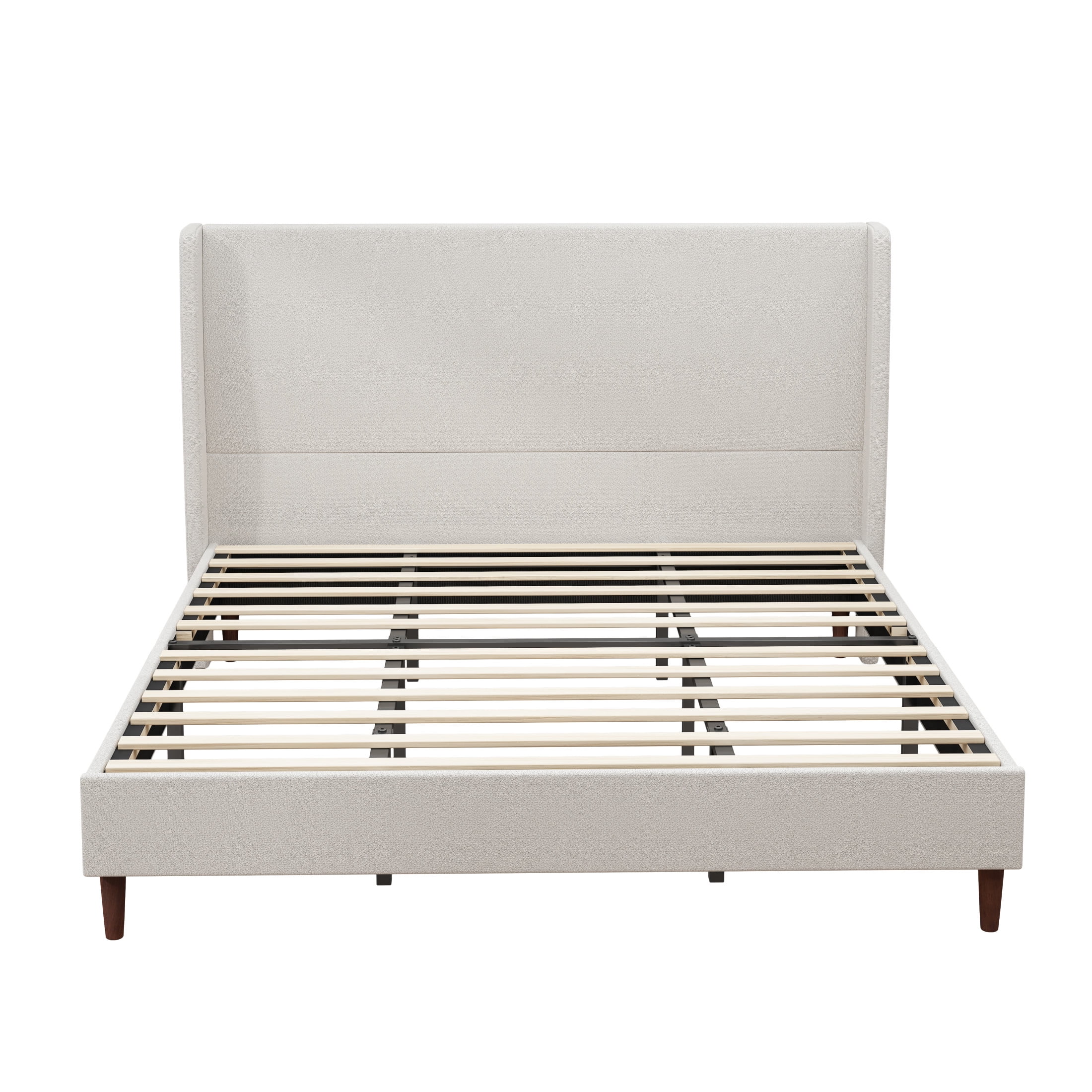 GDF Studio King Size Chenille Upholstered Bed with High Headboard & Wood Slat Support, Ivory White