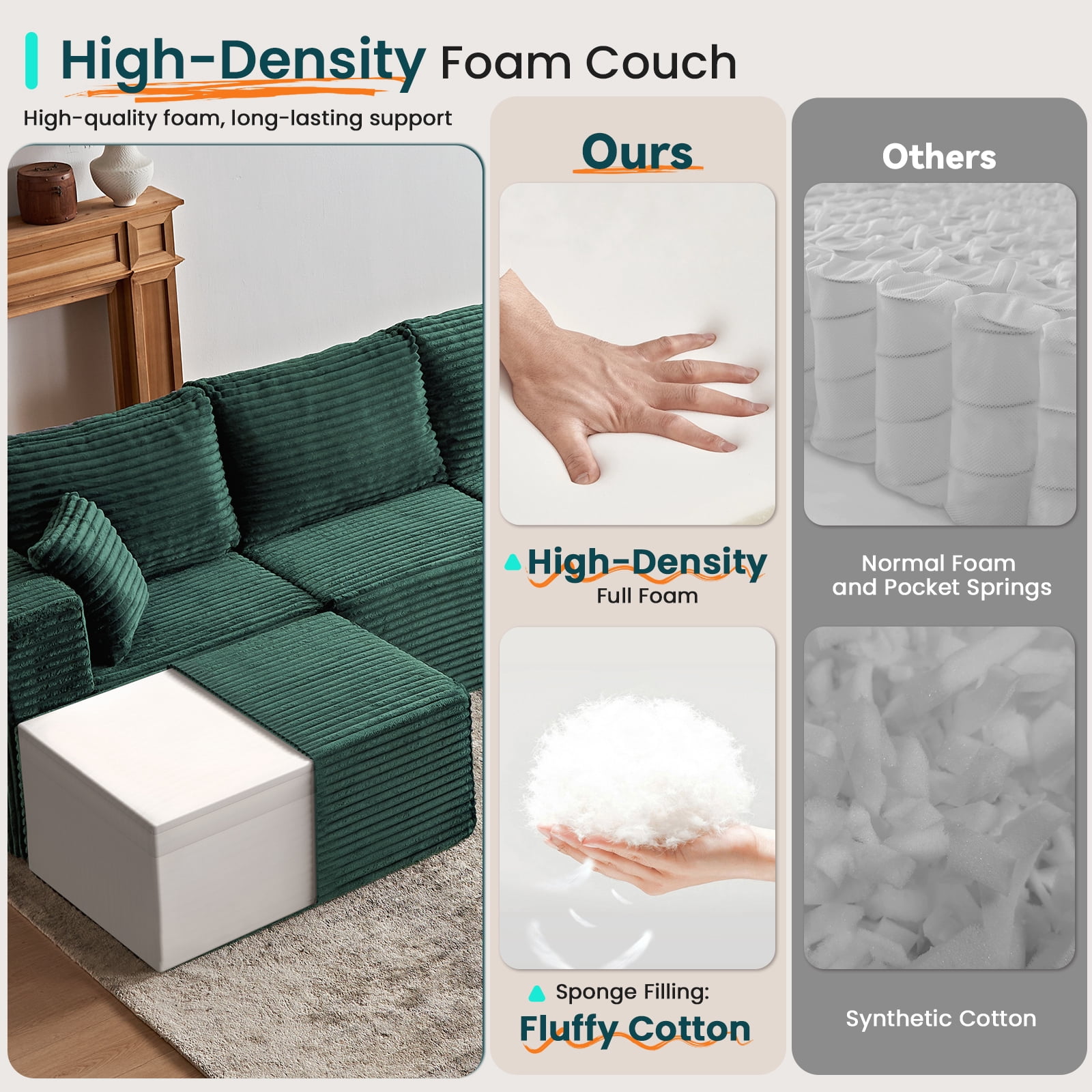 Cozylore 128.3" Oversized Modular Sectional Sofa 7 Seater U Shaped Upholstered Couches Cloud Couch with Deep Seat for Living Room, No Assembly Required, Green