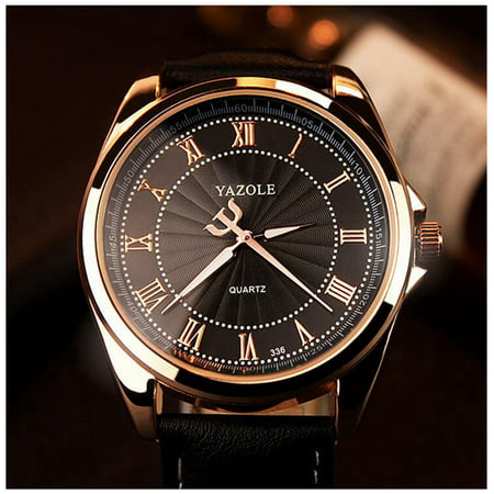 Fashion Mens Watch Quartz Analog Roman Numeral Scale Business Casual Wristwatch Black Band Black