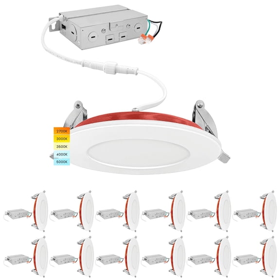 Luxrite 12-Pack 3 Inch Ultra Thin LED Fire Rated Recessed Lights, 5CCT, 500 Lumens, Dimmable, IC Rated, Wet Rated, ETL