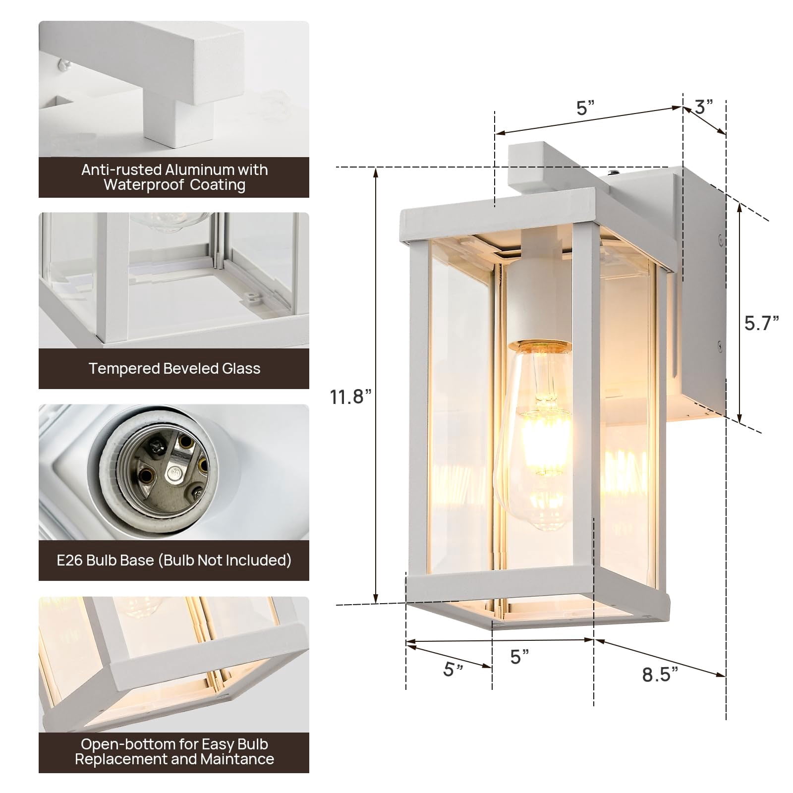 Porch Lights with GFCI Outlet, Dusk to Dawn Sensor Outdoor Lights Waterproof Anti-Rust Wall Sconce Lantern, Exterior Fixture for House Front Door Patio Garage, White,2 Pack