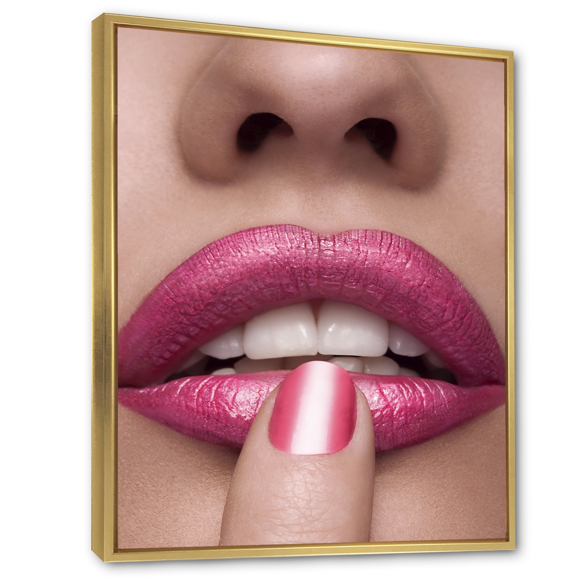 Pink Female Lips With Finger On Mouth 16 in x 32 in Framed Photography Canvas Art Print, by Designart