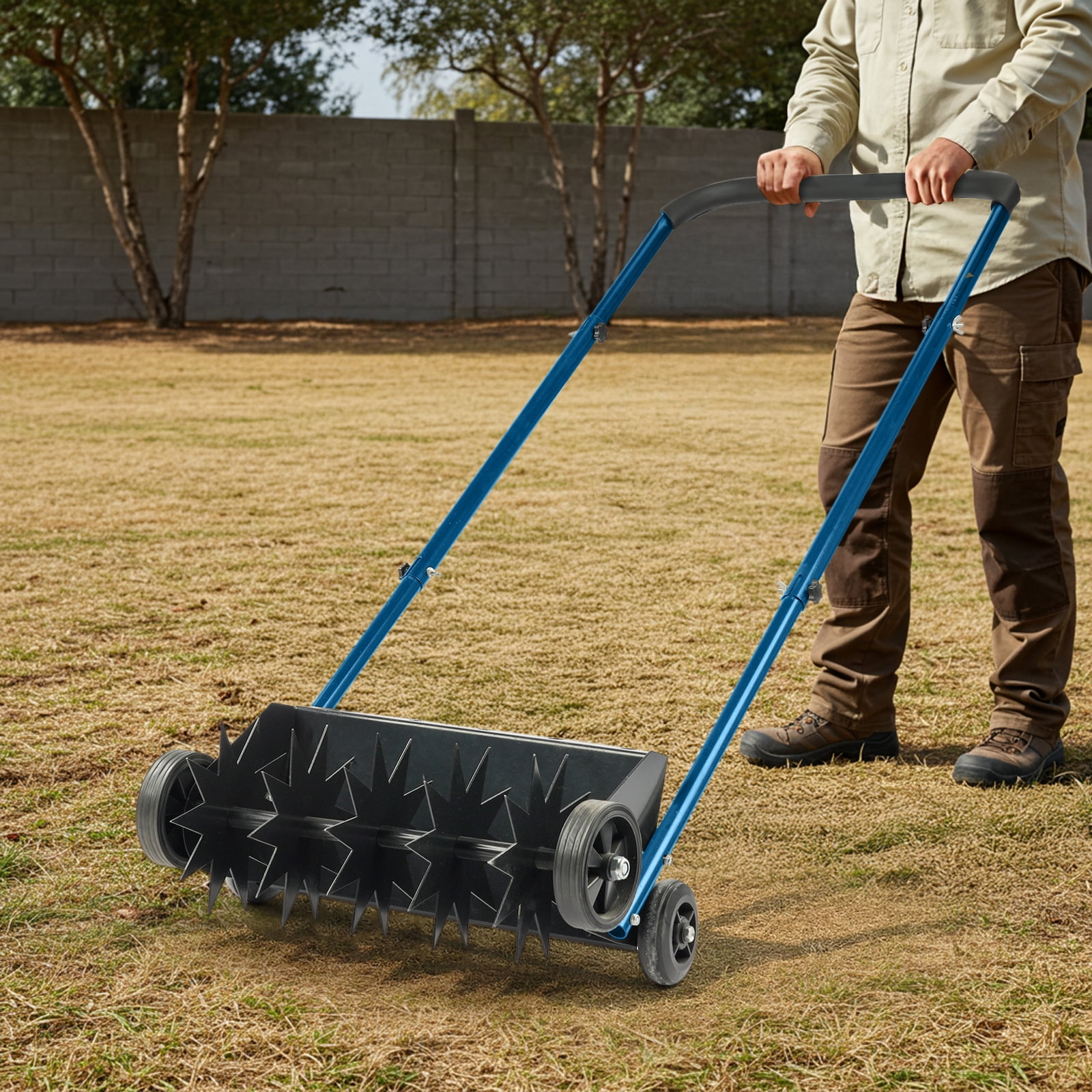 Zimtown 19in Heavy Duty Manual Lawn Aerator with U-Shaped Handle and Weight Tray for Lawn Garden Yard, Black Blue