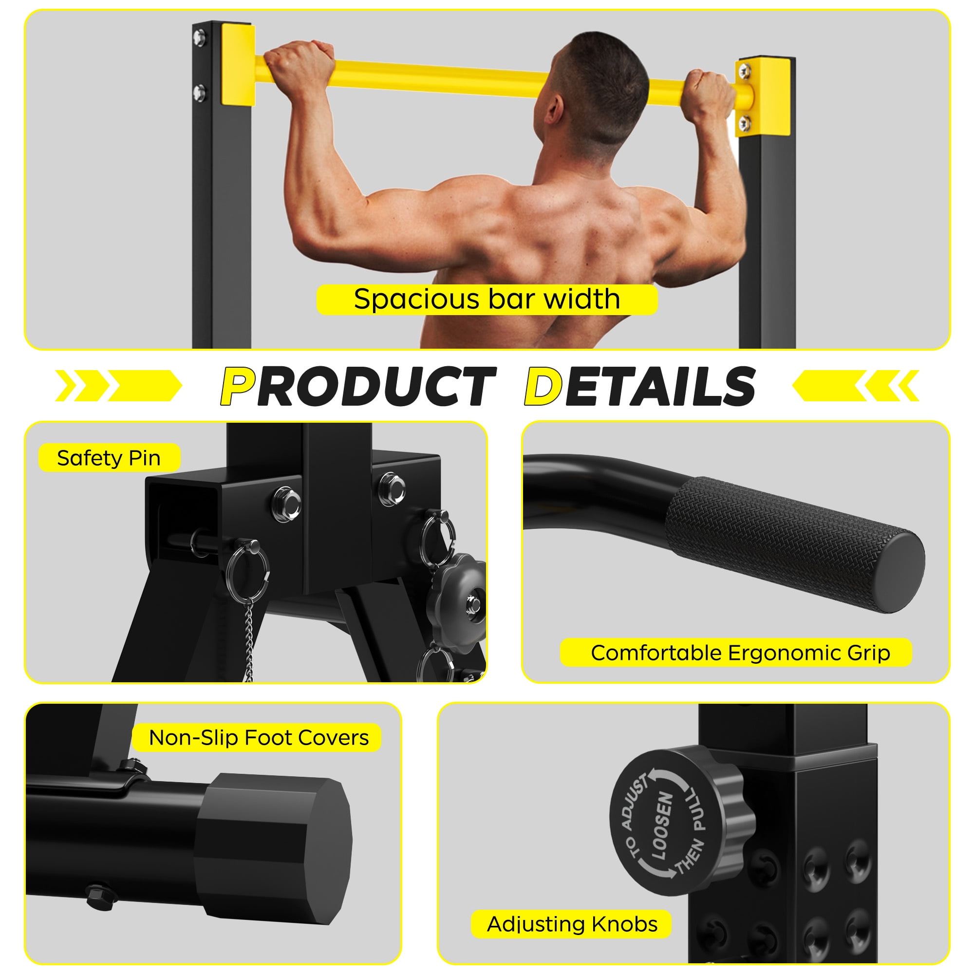 Multifunction Foldable Triangular Structure Pull Up Station , Free Standing Power Tower Pull Up Bar Dip Station Adjustable Height Strength Training Workout Equipment, Support 500lbs, Black + Yellow