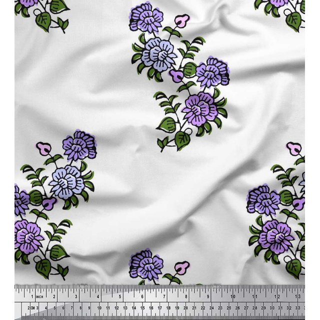 Soimoi Polyester Crepe Fabric Leaves & Floral Block Decor Fabric Printed Yard 42 Inch Wide