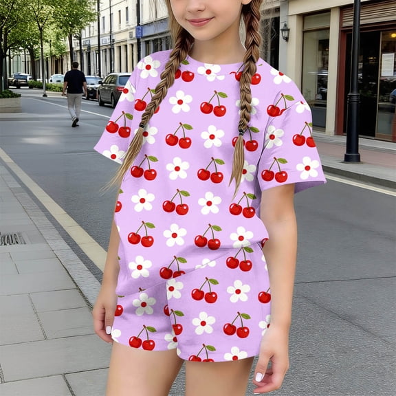Amidoa Girls Summer 2 Piece Outfits Floral Cute Short Sleeve and Elastic Waist Shorts Kids Clothing Set Purple Size Purple Size 14
