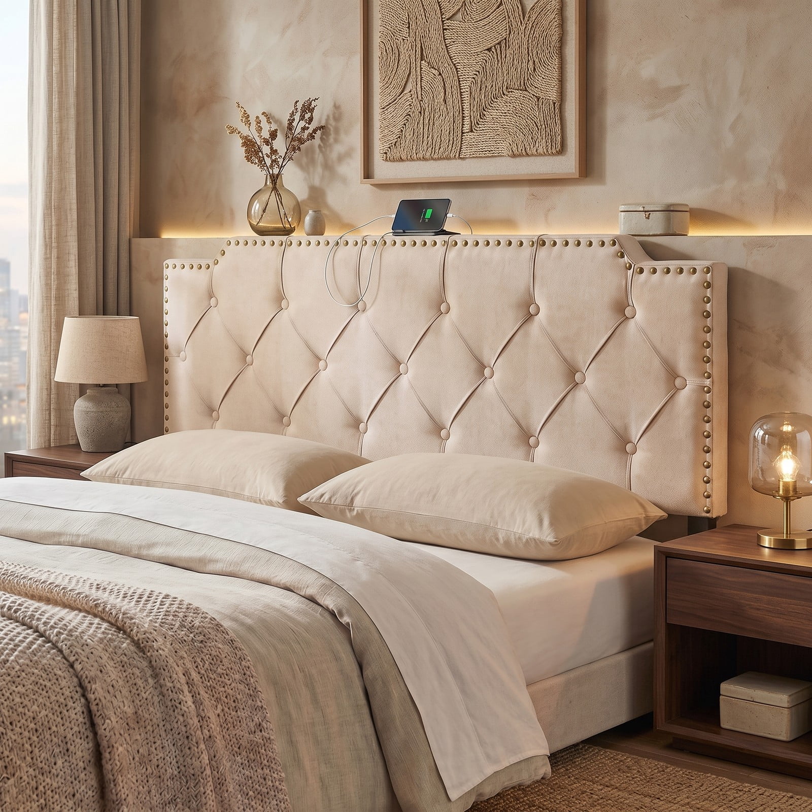 Furnibear Nailhead Trim Tufted Upholstered Headboard with 2 AC Outlets and USB and Type-C Ports for Full and Queen Beds, Beige