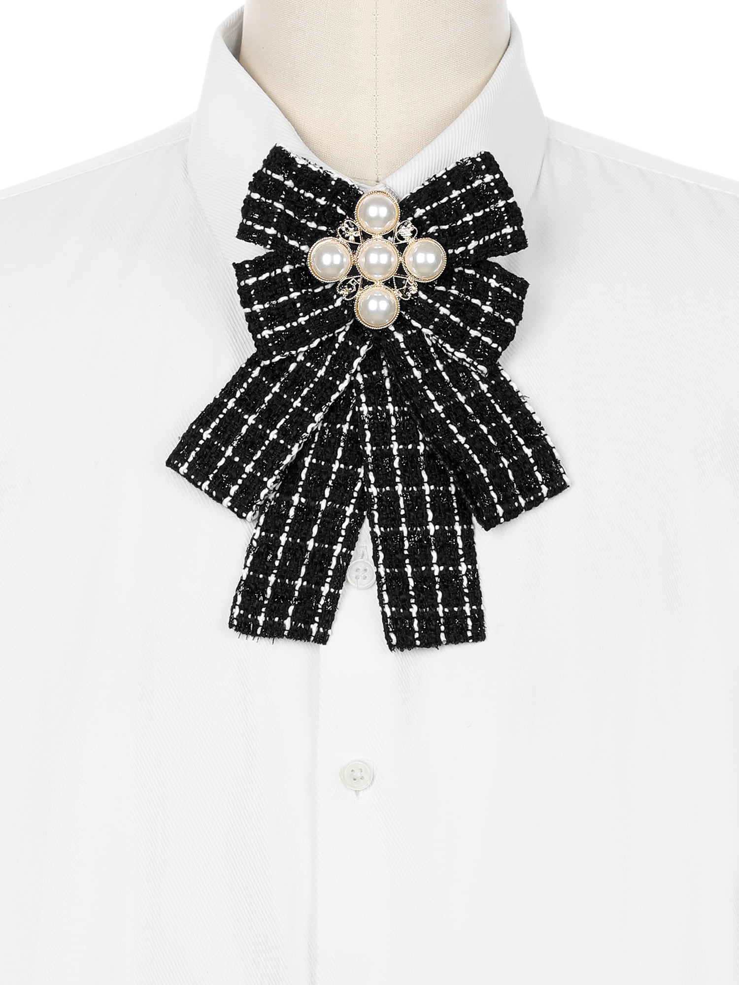DARING DIVA Women's Ribbon Beads Pre-Tied Plaid Pattern Bow Tie Black