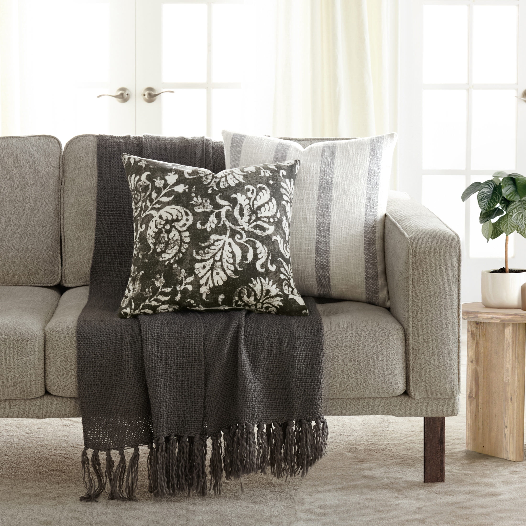 2-Pack Decor Throw Pillows in Yarn-Dyed Awning Stripe / Distressed Floral Patterns by Comfort Canopy