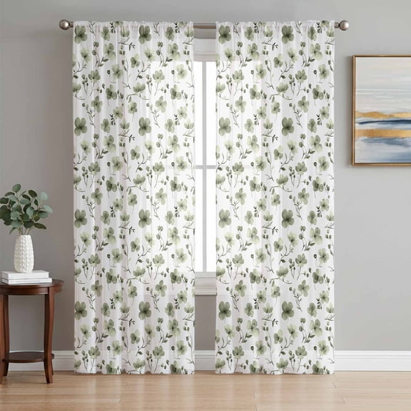 Sage Green Spring Floral Semi Sheer Curtains 96 Inch Length 2 Panels Set, Summer Botanical Elegant Sheer Kitchen Curtain Privacy Voile Window Curtain for Living Room Bedroom Rod Pocket Drapes