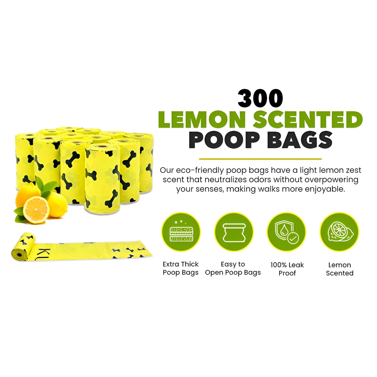 Kutiepaw Dog Poop Bags - 300 Count, Lemon-Scented Biodegradable & Compostable Waste Bags, Extra Thick & Leak-Proof for Eco-Friendly Walks