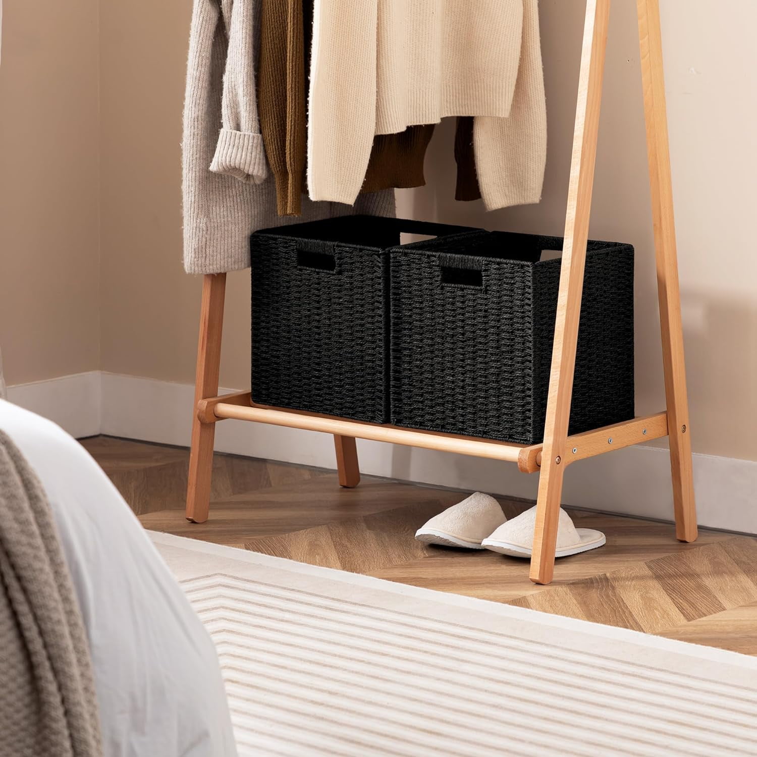 HBlife Wicker Baskets, Set of 3 Hand-Woven Paper Rope Storage Baskets, Foldable Cubby Storage Bins, Large Wicker Storage Basket for Shelves Pantry Organizing & Decor, Black