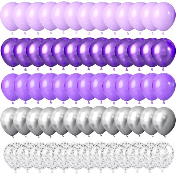 Purple Silver Party Balloons Set, 60PCS 12 Inch Metallic Purple Silver Balloons Light Purple Confetti Balloons for Girls Birthday Baby Shower Bridal Wedding Party Decorations