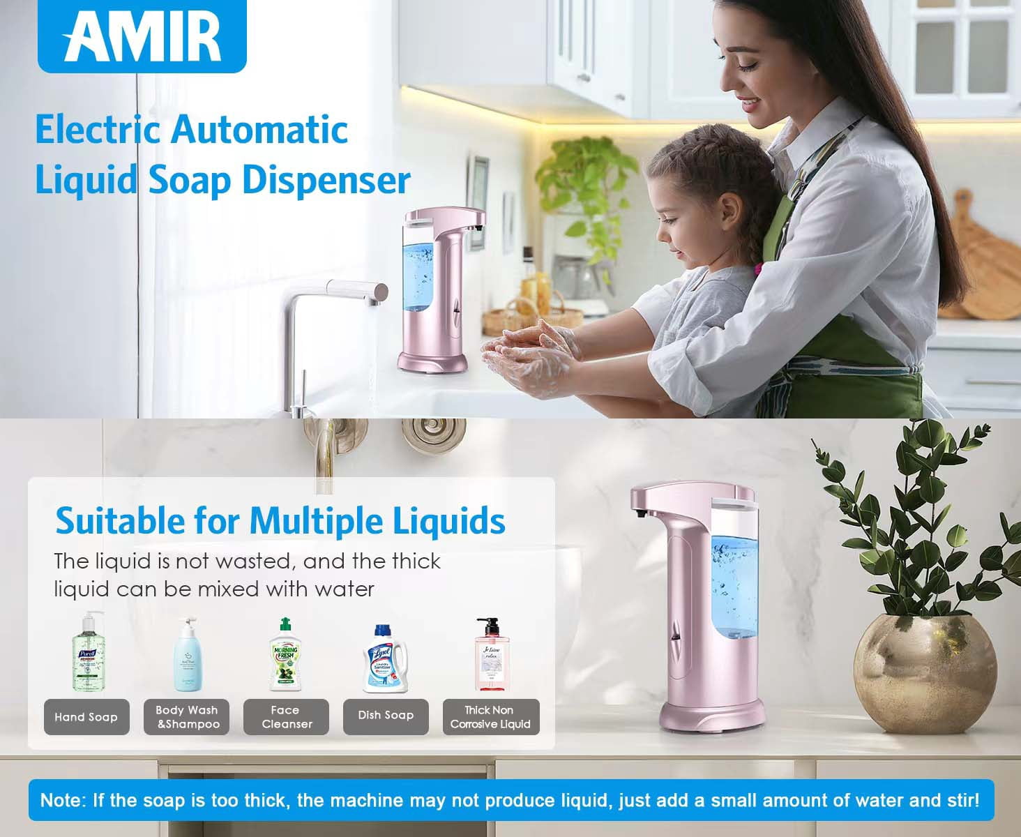 AMIR Soap Dispenser Hand Soap Dispenser Waterproof Liquid Soap Dispenser Automatic Soap Dispenser for Kitchen Bathroom Washroom Toilet Facial Cleanser Pink
