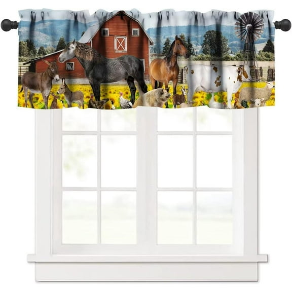 Rustic Farm Valance for Kitchen, Retro Western Country Old Red Barn Windmill Animal Horse Cow Pig Print Blackout Window Treatment for Kitchen Bedroom Living Room, 54x18in