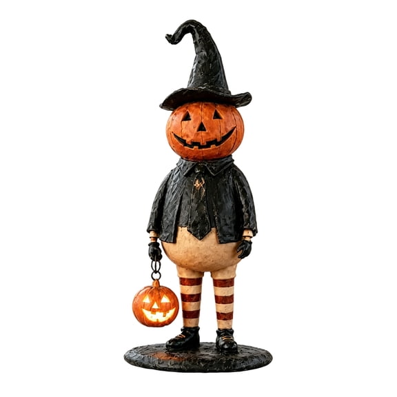 Resin Halloween Pumpkin Head Figurine with Lighted Handheld Pumpkin Lantern intage Witch Gentleman Tabletop Decor Crafts Creative Pumpkins Ornament for Mantel Shelf Fall Autumn Display