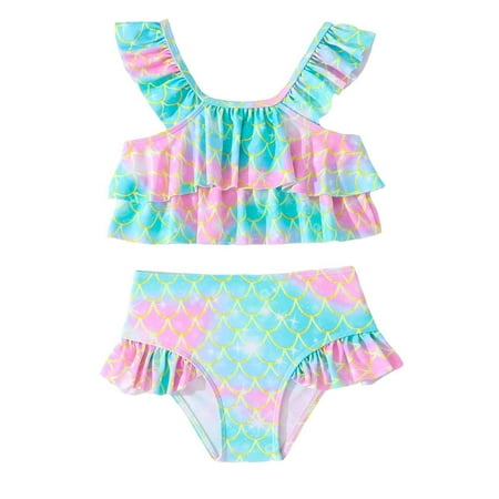 Toimothcn Girl s Bathing Suit Ruffled Sleeve Casual Fish Scale Printed 2 Piece Bikini Set Quickly Dry Cover Up Swimwear 3-4 Years