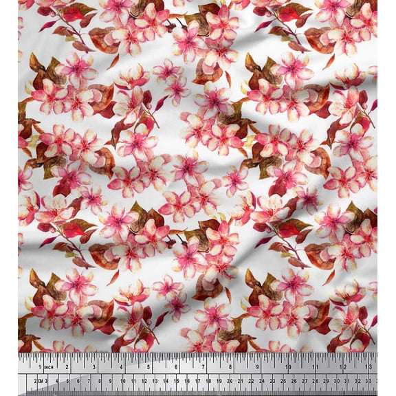 Soimoi White Silk Fabric Blossom Floral Decor Fabric Printed Yard 42 Inch Wide