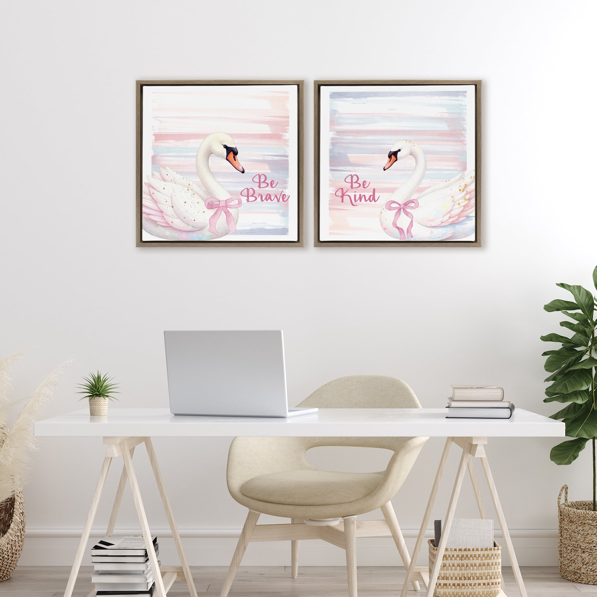 Be Brave & Kind Pastel Swan 2 Piece Brown Framed Floater Canvas Set, design by Kim Allen