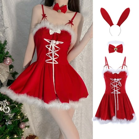 

Fengqque Ladies Christmas Erotic Lingerie Hollow Lacing Sexy Bunny Girl Plush Nightdress Suit