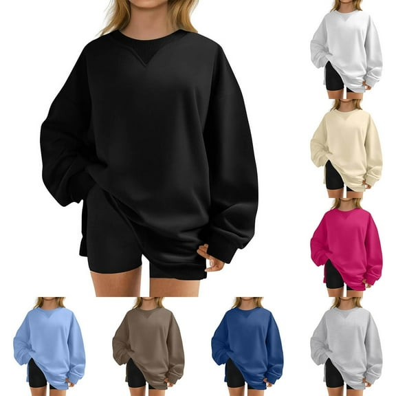 Women Oversized Long Sleeve Sweatshirts Crewneck Side Slit Loose Teen Girl Pullover Top 2025 Fall Y2K Trendy Clothes (Beige,Large)