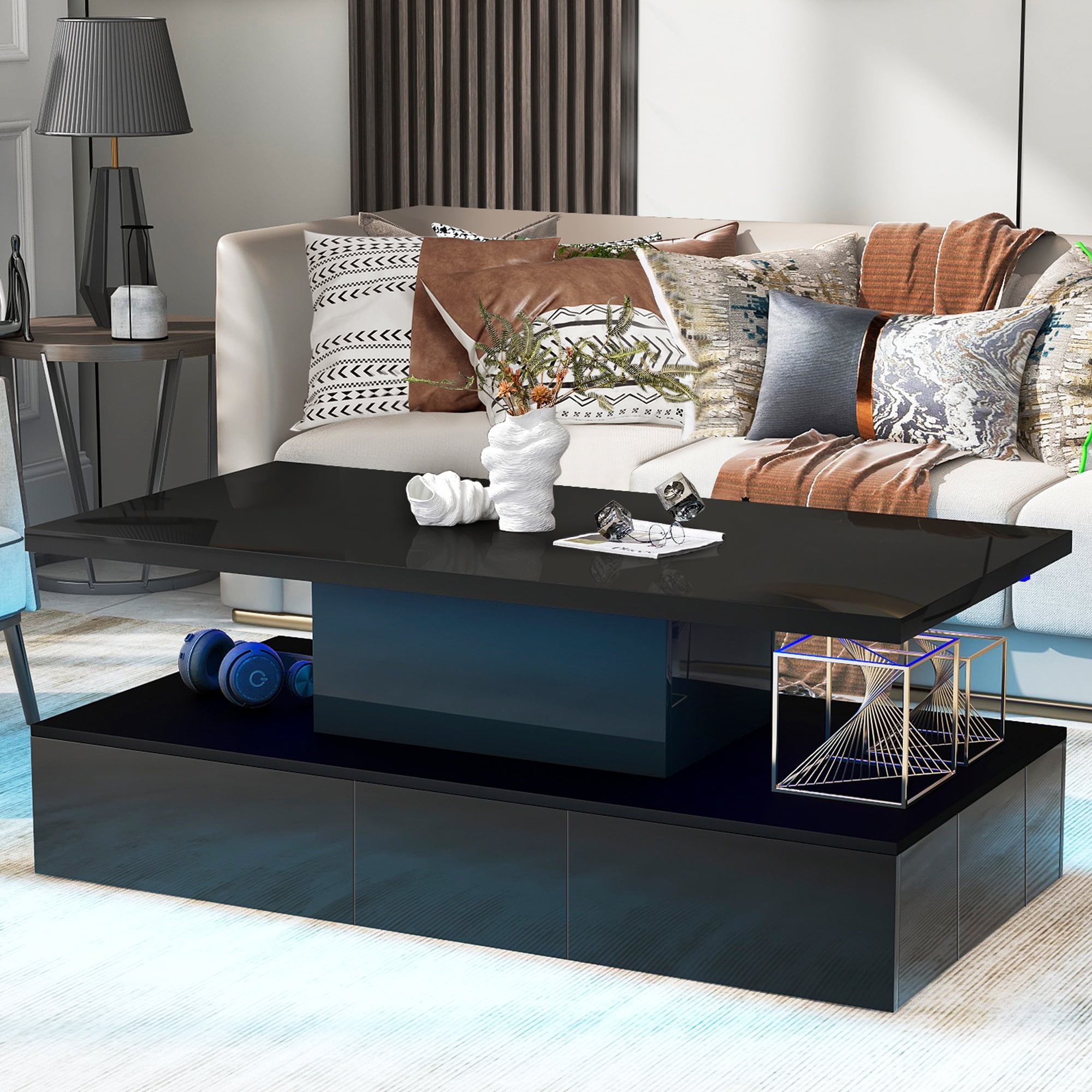 PAPROOS 41" LED Coffee Table with 4 Storage Drawers, High Gloss Black Rectangular Center Table for Living Room Bedroom, Modern Coffee Tables with Large Storage Space, App/Remote Control