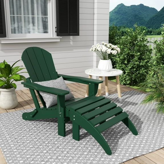 WestinTrends Malibu Outdoor Lounge Chair, 2-Pieces Adirondack Chair Set with Ottoman, All Weather Poly Lumber Patio Lawn Folding Chairs for Outside Pool Garden Backyard Beach, Dark Green