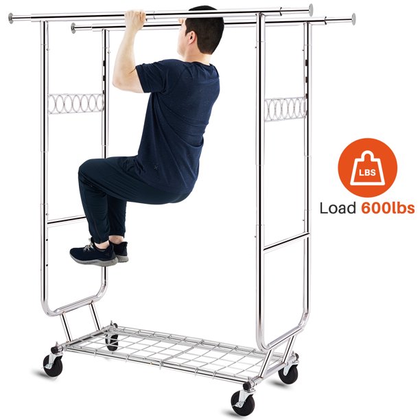 600 Lbs Commercial Clothing Garment Rack With Shelves Racks On Wheels Rolling Clothes Heavy Duty Portable Collapsible Adjustable Chrome Finish Com Commercial Clothing Garment Rack, Commercial Portable Coat Racks