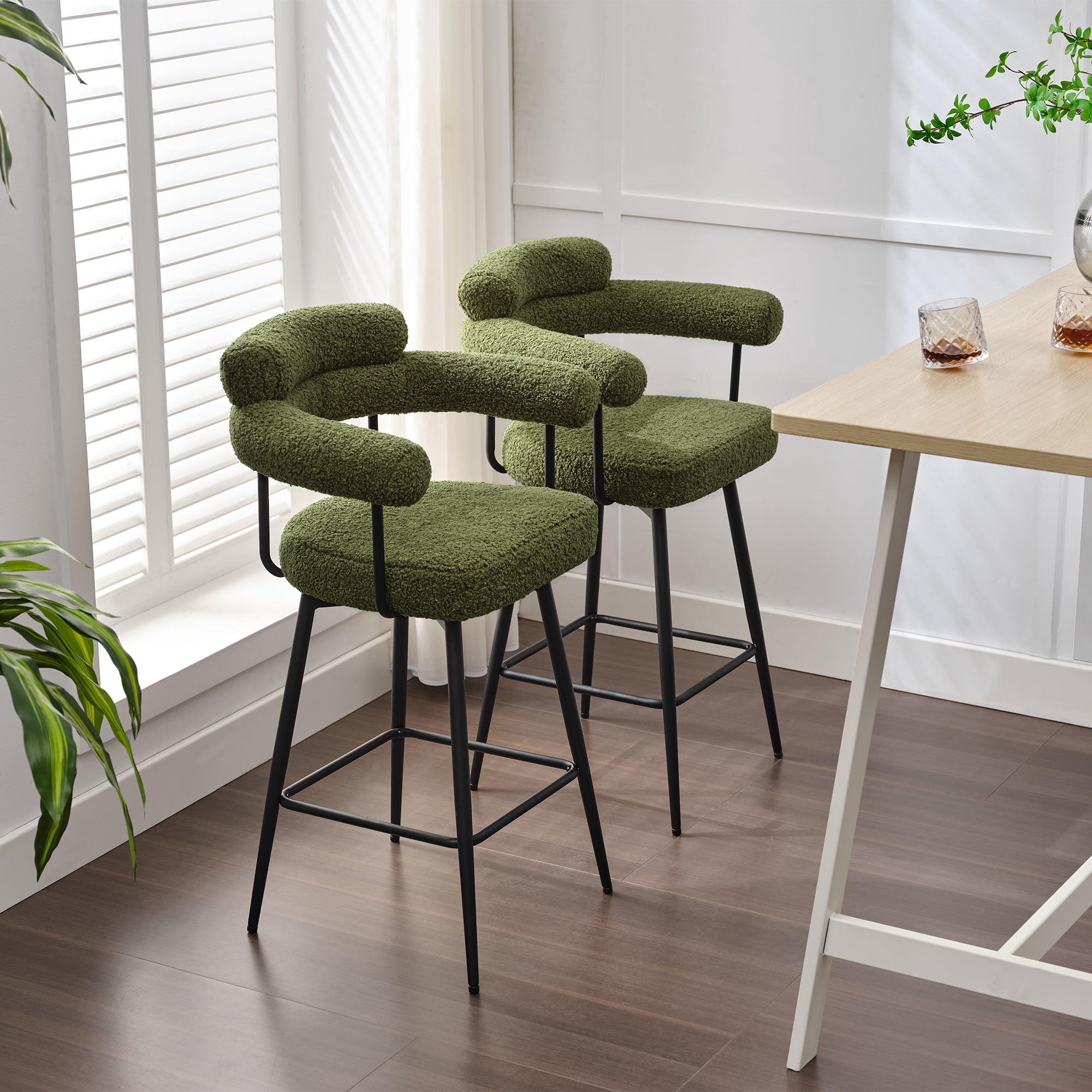 Zesthouse 26.7" Swivel Counter Stools Set of 2, Upholstered Sherpa Bar Stools with Back and Metal Legs, Modern Counter Height Chairs for Kitchen Island, Green